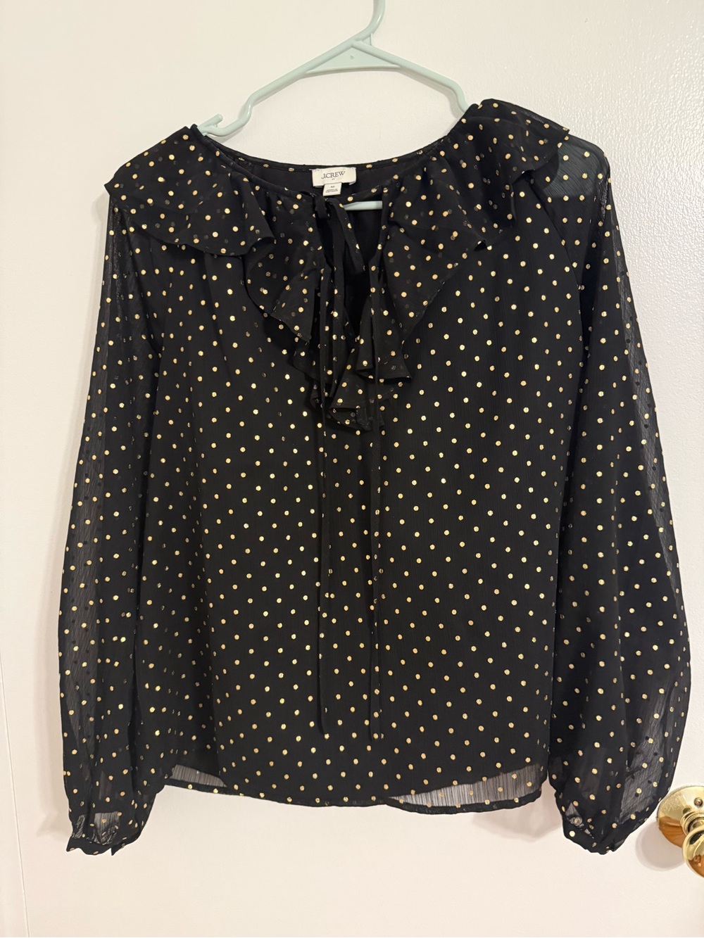 NWOT JCrew Black Polka Dot Ruffle Tie-Neck Blouse